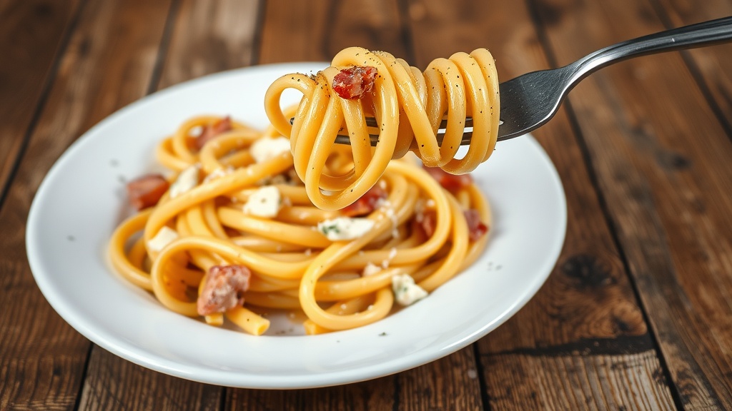 Classic Spaghetti Carbonara Recipe A bowl of Spaghetti Carbonara garnished with pancetta, cheese, and black pepper, on a rustic wooden table.